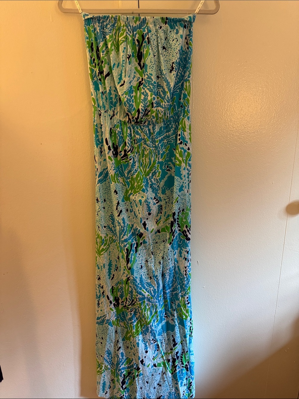 Lilly Pulitzer Blue and Green Strapless Maxi Dress